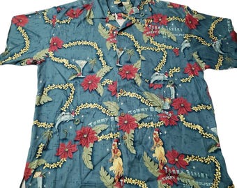 Vintage Tommy Bahama 2002 X-Mas 100% Silk Shirt Hula Girl Surfing Santa Marlins Size L