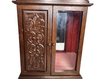 Vintage Wooden Armoire Carved Jewelry Box 5 Drawer Glass Door Mirror Ring Rolls