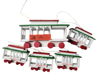 アメリカ　ハンドメイド　手描き　ガラス　オーナメント　箱入り　電車　鉄道 Vintage Christmas Ornaments 1980 Powell & Hyde Cable Cars San