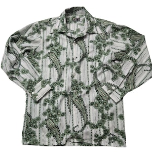 Vintage 70s Disco JC Penney Green Paisley Floral Polyester Shirt Size M 15 -15.5