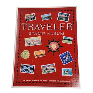 Vintage 80s Traveler Stamp Album Binder 1964 Worldwide Stamps