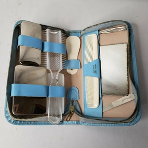 Vintage Western Germany Blue Leather Unisex Travel Manicure Grooming Kit Brush