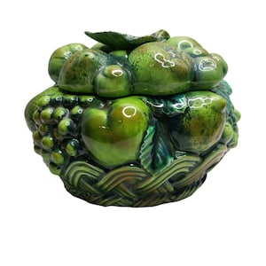 Vintage Japan Inarco Ceramic Lidded Green Fruit Basket Design Canister