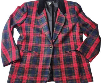 Blazer vintage navideño de cuadros rojos, un botón, cuello de terciopelo, talla XL