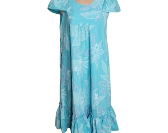 Royal Creations Hawaii Muumuu Vestido de flores azul y rosa, tamaño pequeño, dobladillo ondulado