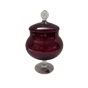 Vintage Empoli Footed Red and Clear Glass Lidded Jar