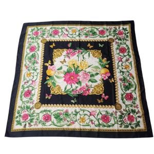 Vintage Floral Foulard Silky Womens Pink Yellow Blue Square Scarf Large
