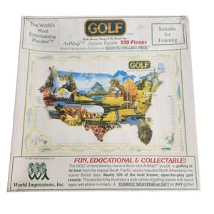 Könnte beinhalten: Ein 550-teiliges Puzzle, das eine Karte der Vereinigten Staaten mit Golfplätzen und Resorts zeigt. Das Puzzle trägt den Titel "GOLF ArtMap" und wird als "Spaß, lehrreich und sammelwürdig!" beschrieben.