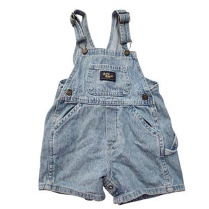Vintage Osh Kosh Baby B&#39;Gosh Vestbak Denim Cargo Overalls Shorts Shortalls 24M Light Wash
