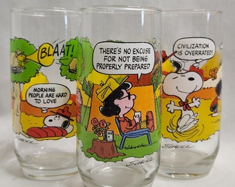 Charlie Brown Snoopy Camp Snoopy McDonalds Glasses Set of 3 Vintage Peanuts