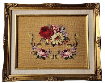Antique Needlepoint Rose Flowers In Wood Gold Frame Wall Art 15.5&quot;x12.5&quot;