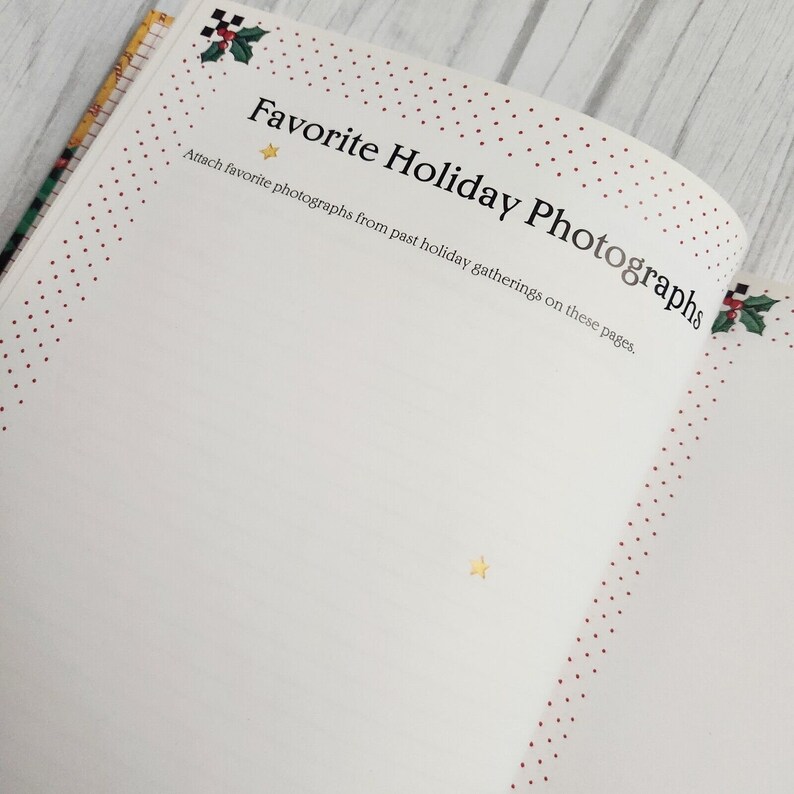 May include: A white page with red polka dots around the edges. The page has the text "Favorite Holiday Photographs" and instructions to attach favorite photographs from past holiday gatherings on these pages.