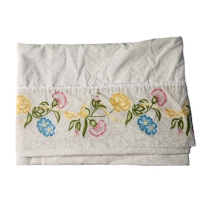 Vintage Sears Perma Prest Queen Size Percale Flat Sheet Floral Hemline Yellow Pink Blue Flowers