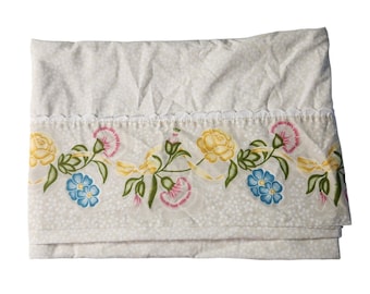 Vintage Sears Perma Prest Queen Size Percale Flat Sheet Floral Hemline Yellow Pink Blue Flowers