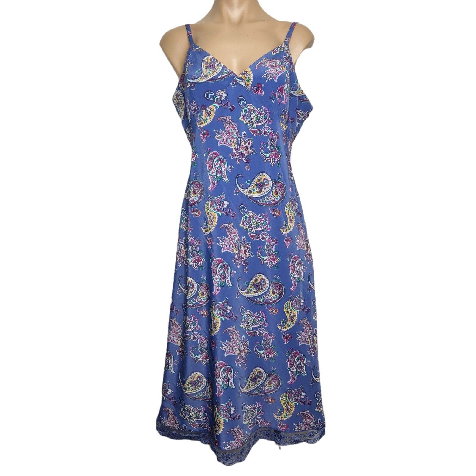 Vintage 90s Y2K Express Purple Paisley Midi Slip Dress Size Womens Jrs 11/12 Lace Hem Vintage 90s Y2K Express Purple Paisley Midi Slip Dress Size Womens Jrs 11/12 Lace Hem