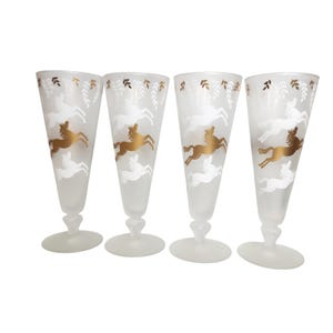 Vintage 1953 MCM Libbey Cavalcade Frosted Pilsner 4 Glasses White and Gold Horses