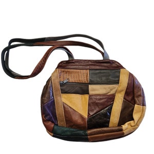 Vintage Colorful Patchwork Genuine Leather Shoulder Purse Boho Hippie