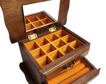 Petite boîte à bijoux vintage pour commode en velours orange à l'intérieur avec boîte à bagues miroir