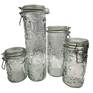 Lot de 4 bocaux de rangement vintage en verre épais pour fruits gaufrés, balles métalliques