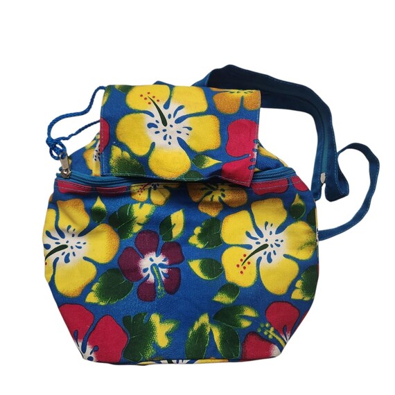 Vintage 90s Backpack Purse Hibiscus Hawaiian Flower Print  display picture 2
