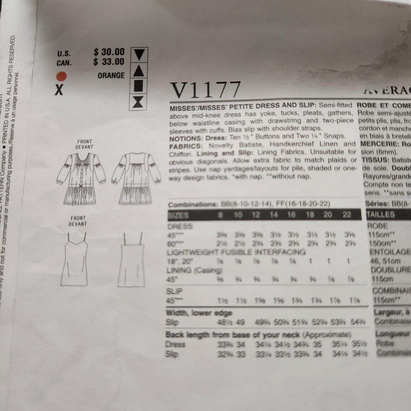 1177 R Sign Vogue 1177 Miss Petite Dress Slip Pleats Tucks Anna Sui Size BB 8 10 12 ...