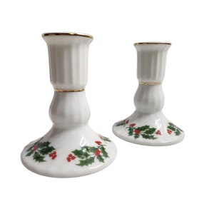 Vintage Christmas Holly Gold Rimmed Made in Japan Porcelain 2 Taper Candle Holders