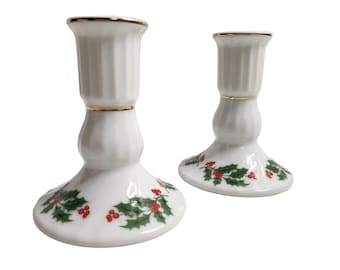 Vintage Christmas Holly Gold Rimmed Made in Japan Porcelain 2 Taper Candle Holders
