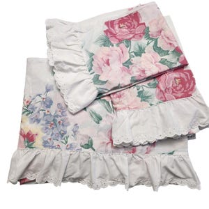 Vintage Lady Pepperell Full Flat Sheet Pillowcase Set of 3 Eyelet Ruffle Floral Cottagecore Cottage Boho