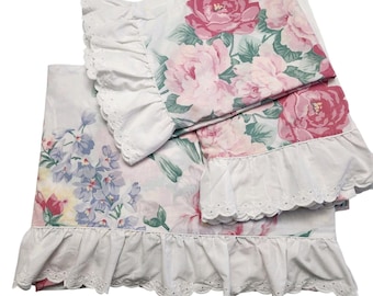 Vintage Lady Pepperell Full Flat Sheet Pillowcase Set of 3 Eyelet Ruffle Floral Cottagecore Cottage Boho