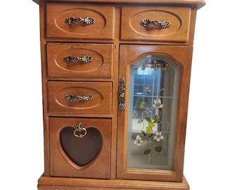 Wooden Armoire Jewelry Box Chest Enamel Painted Flowers Glass Door 5 Ring Rolls