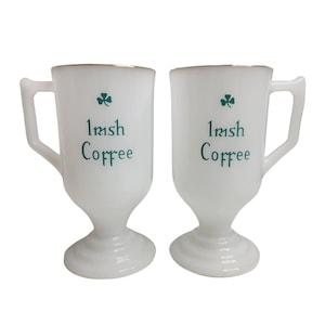 Vintage Irish Coffee Milk Glass Mugs Footed Pedestal Shamrocks Gold Rim Lot of 2