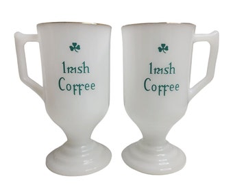 Vintage Irish Coffee Milk Glass Mugs Footed Pedestal Shamrocks Gold Rim Lot of 2