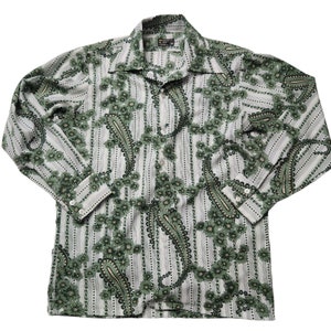 Vintage 70s Disco JC Penney Green Paisley Floral Polyester Shirt Size M 15 -15.5