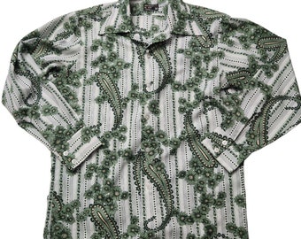 Vintage 70s Disco JC Penney Green Paisley Floral Polyester Shirt Size M 15 -15.5