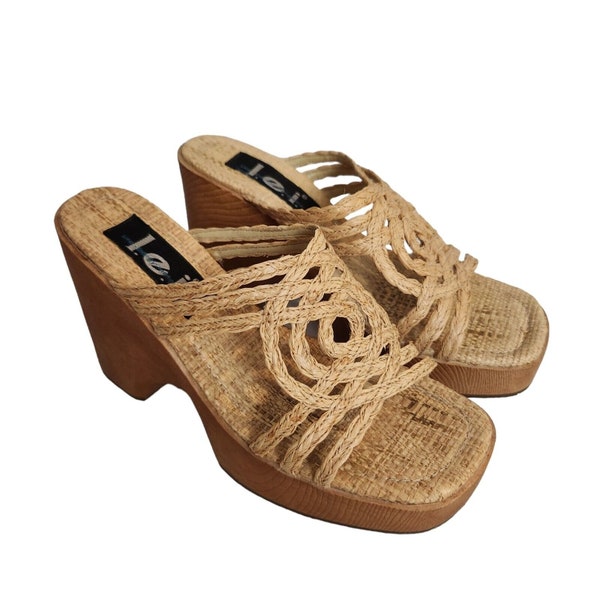 VTG L.E.I Jibe Women’s 7 Raffia Braided Strappy Platform Wedge Y2K Sandals