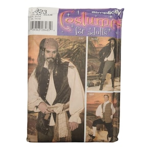 May include: A Simplicity pattern for a pirate costume for adults. The pattern includes instructions for making a vest, shirt, and pants. The pattern is illustrated with a model wearing the completed costume.