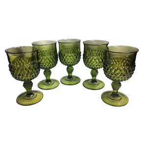 Vintage Indiana Glass Avocado Green Diamond Point Stemmed Water Goblets Lot of 5
