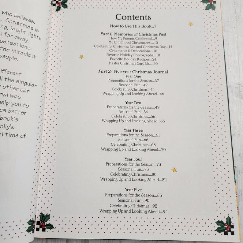 May include: A book titled "Five-Year Christmas Journal" with a red and white polka dot background. The book has a table of contents with sections for "Memories of Christmas Past" and "Five-Year Christmas Journal". The book includes sections for each year, including "Preparations for the Season", "Seasonal Fun", "Celebrating Christmas", and "Wrapping Up and Looking Ahead".