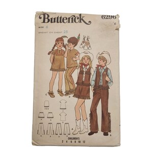 May include: Vintage Butterick sewing pattern 6296 for children's costumes. The pattern features designs for Native American and cowboy outfits. The size is 6, with a 25-inch chest measurement. The pattern envelope is beige.