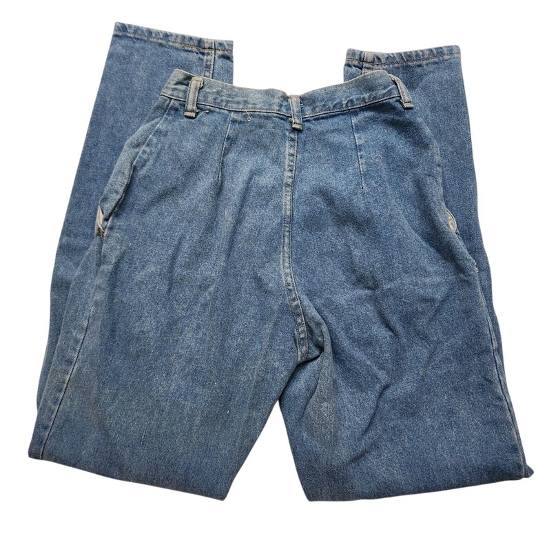 May include: High-waisted blue denim jeans featuring a classic straight-leg cut, a structured waistband with belt loops, and subtle vertical pleats at the front. The medium-wash fabric displays a consistent texture with visible stitching details throughout.