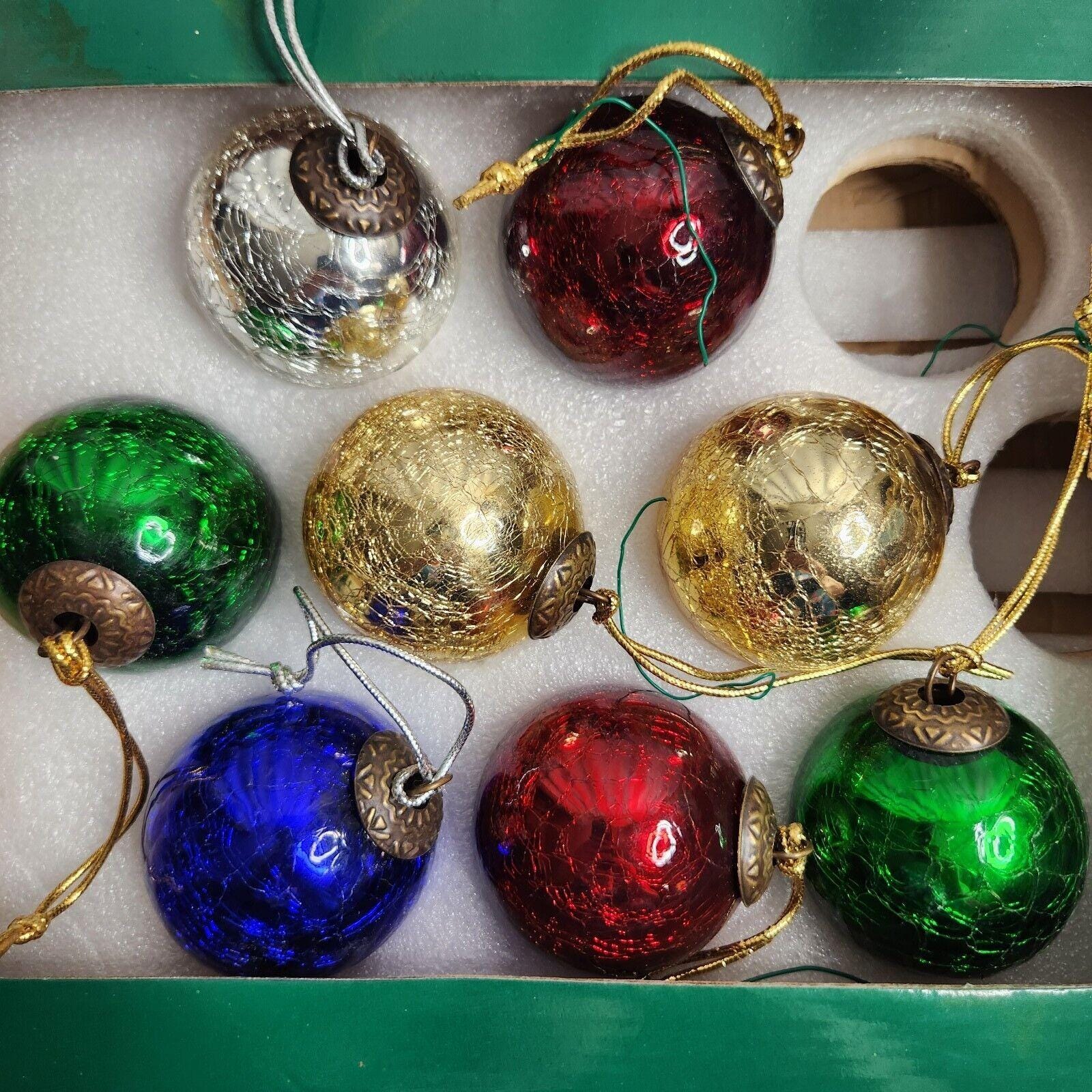 Vintage Kugel Style Crackle Blown Glass Christmas Ornaments Brass