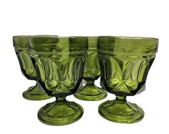 Set of 4 MCM Vintage Viking Green Glass Goblets Drinking Glasses