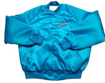 Westark Vtg 80s Mens XL Teal Satin Jacket The Heartbeat of America Chevrolet USA