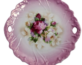 Vintage rosa rosa pastel plato 11" porcelana Alemania floral perforado manijas abiertas