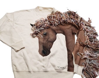 Vintage Rare Crain Hand Painted Horse Crew Neck OOAK Sweater Yarn Mane