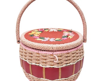 Vintage Wicker Floral Woven Sewing Basket Japan Large Satin Lining With Tray