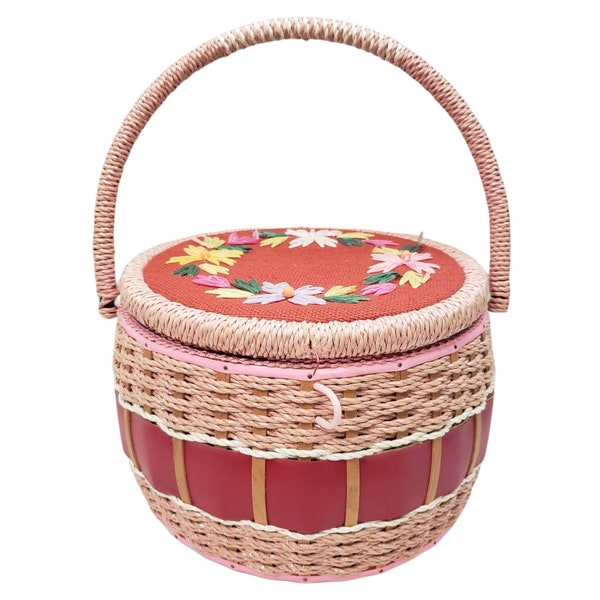 Vintage Wicker Floral Woven Sewing Basket Japan Large Satin Lining With Tray