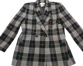 Vintage Norton McNaughton Black and White Plaid Blazer Size 16 Business Career Wool