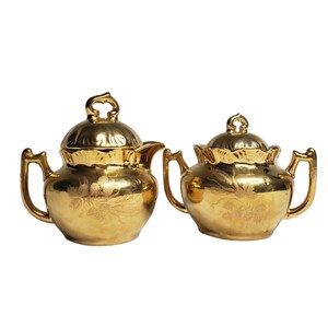 Vintage Gold Porcelain China Embossed Floral Creamer and Sugar Set 1960s