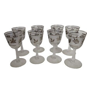8 Vintage Libbey Glass Company Silver Leaf Wine Cocktail Glasses Drinking